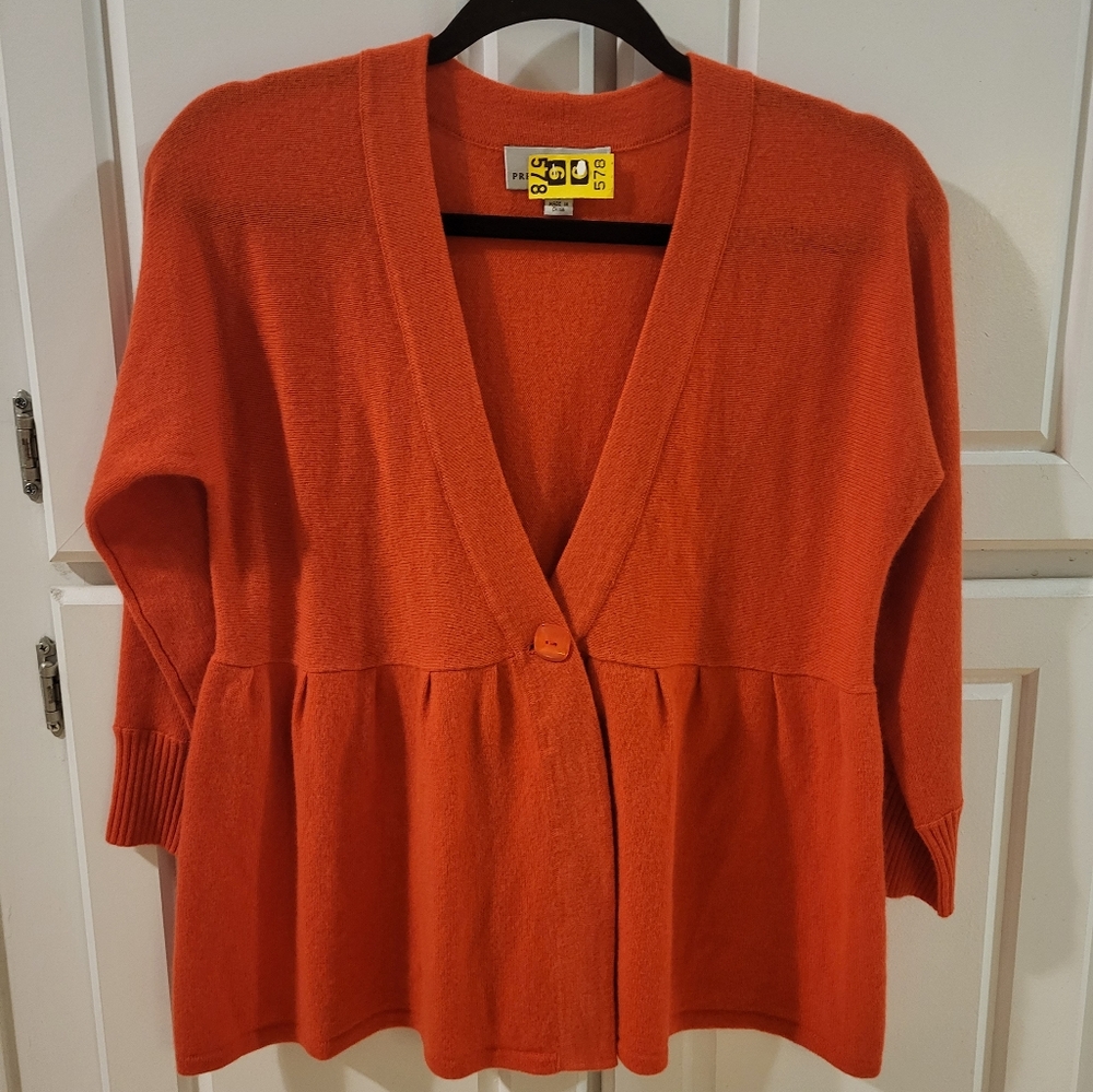 Orange Cashmere Cardigan Sweater with 1 Button Closure 3/4 Length Sleeves Size S